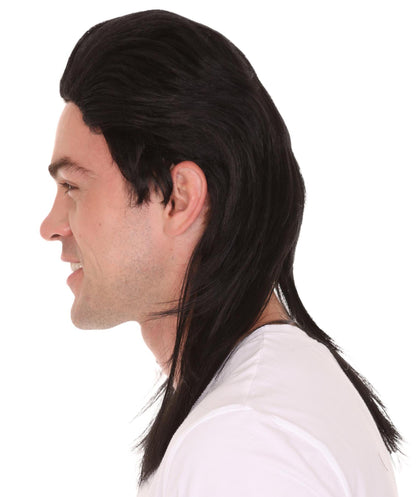 Black 80's  Mullet Men's Hair | Long Celebrity Halloween Wig | Premium Breathable Capless Cap