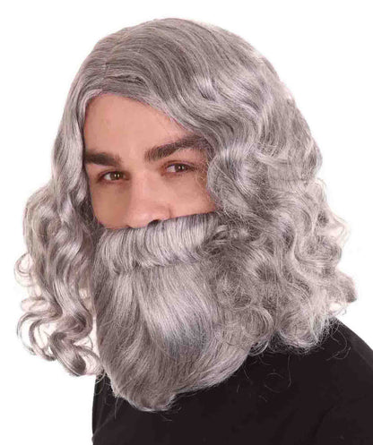 Men's Biblical Wig and Beard Grey Set | Gray Halloween Wig | Premium Breathable Capless Cap