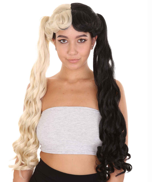 Marie, Long Wavy Two Tone Black and White High Pigtails Womens Wig | Premium Breathable Capless Cap