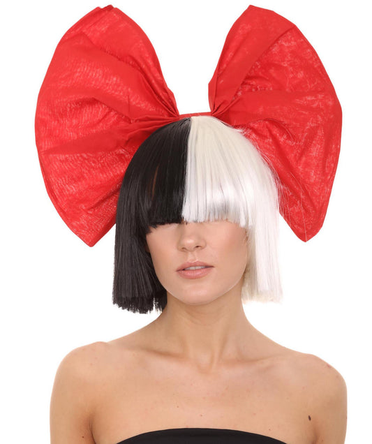 Black & White w/ Red Bow Split Dye Bob with Bangs