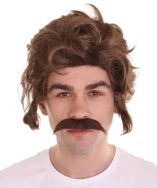 Men Brown Wig with Moustache Set | Halloween Wig | Premium Breathable Capless Cap