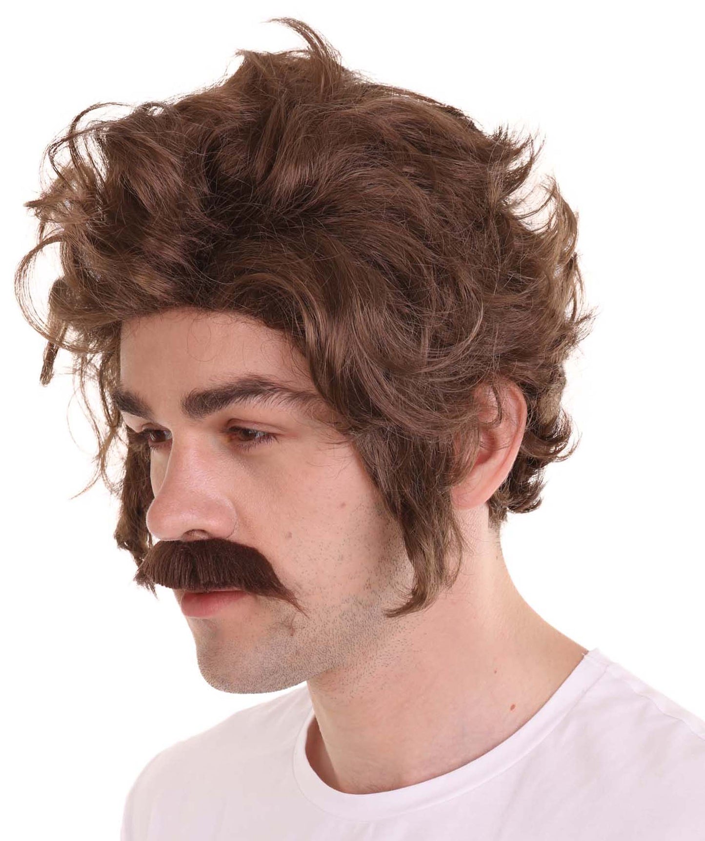 Men Brown Wig with Moustache Set | Halloween Wig | Premium Breathable Capless Cap