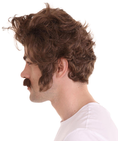 Men Brown Wig with Moustache Set | Halloween Wig | Premium Breathable Capless Cap