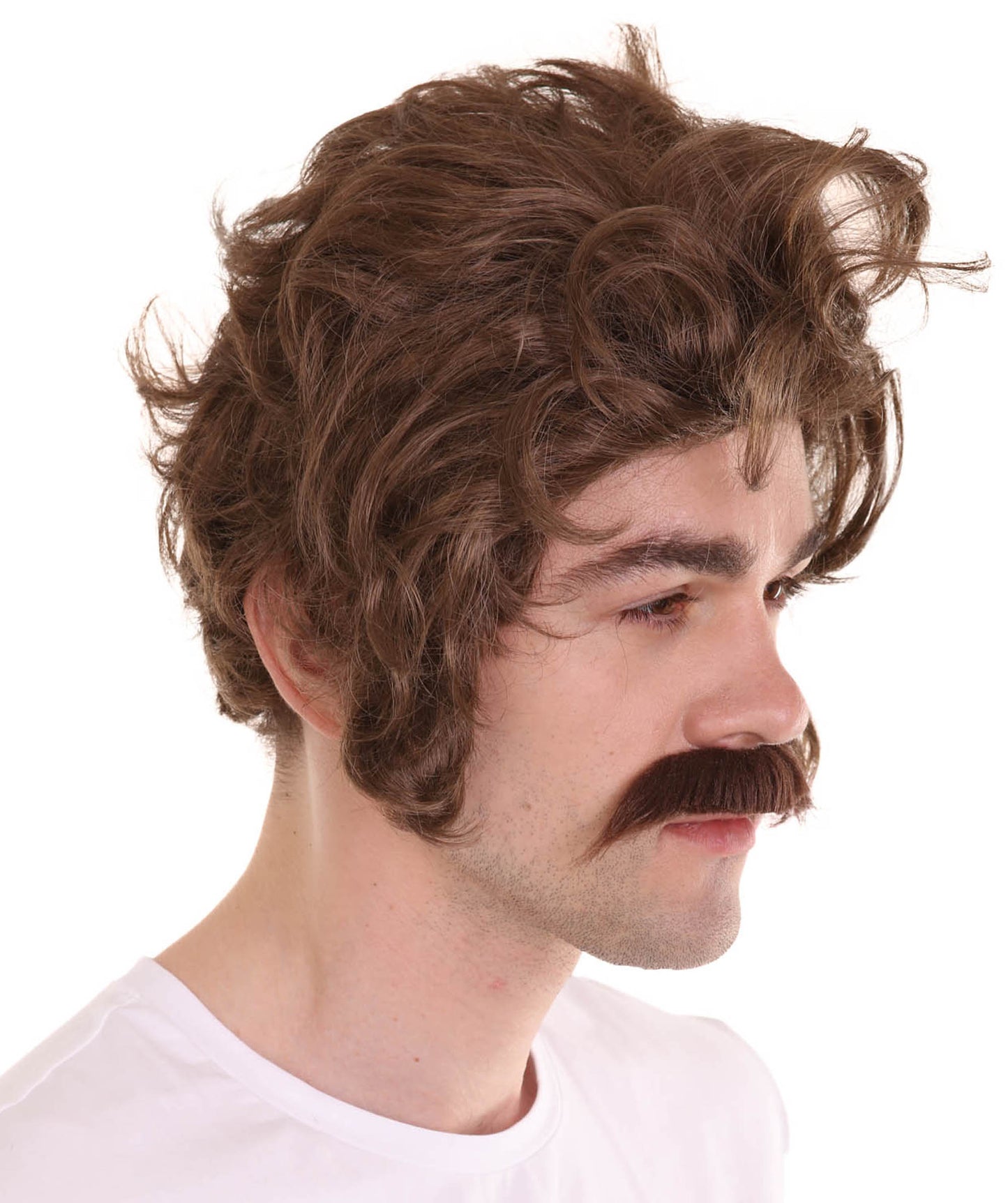 Men Brown Wig with Moustache Set | Halloween Wig | Premium Breathable Capless Cap