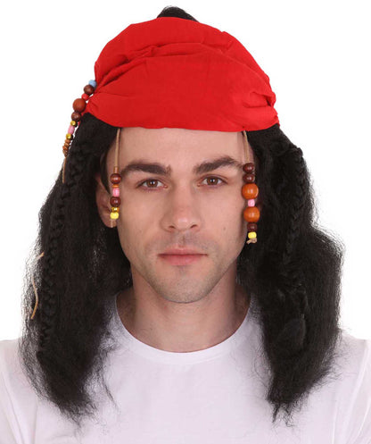 Caribbean Pirate Mens Wig | Black Wig With Red Cap | Premium Breathable Capless Cap