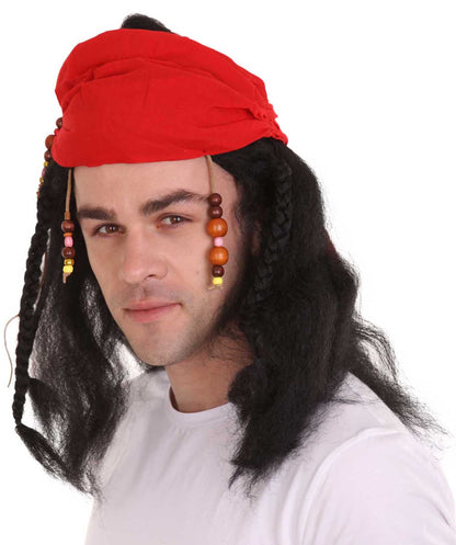 Caribbean Pirate Mens Wig | Black Wig With Red Cap | Premium Breathable Capless Cap