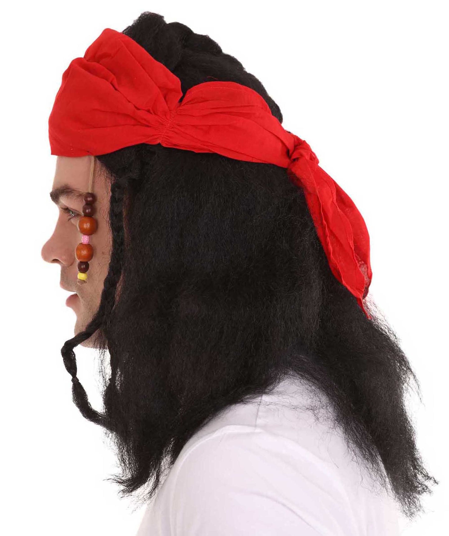 Caribbean Pirate Mens Wig | Black Wig With Red Cap | Premium Breathable Capless Cap