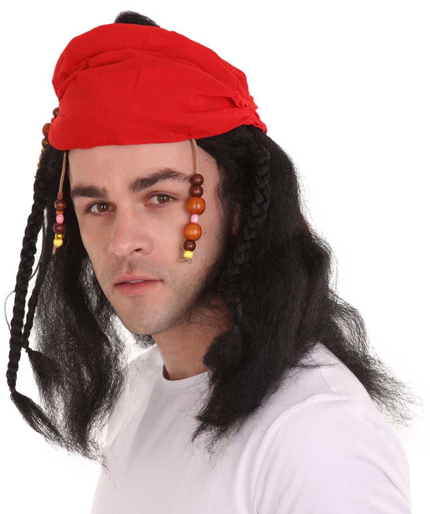 Caribbean Pirate Mens Wig | Black Wig With Red Cap | Premium Breathable Capless Cap