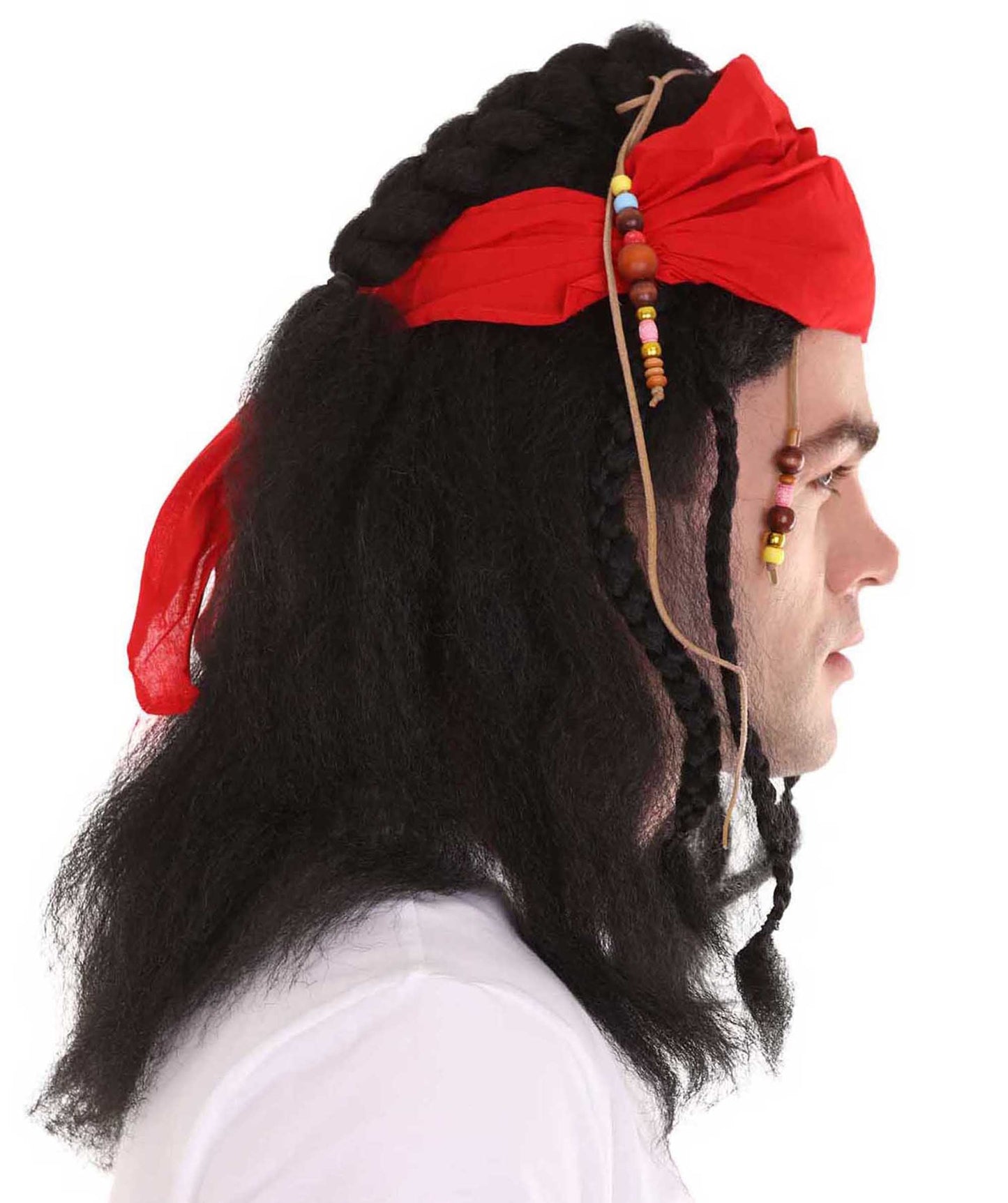 Caribbean Pirate Mens Wig | Black Wig With Red Cap | Premium Breathable Capless Cap