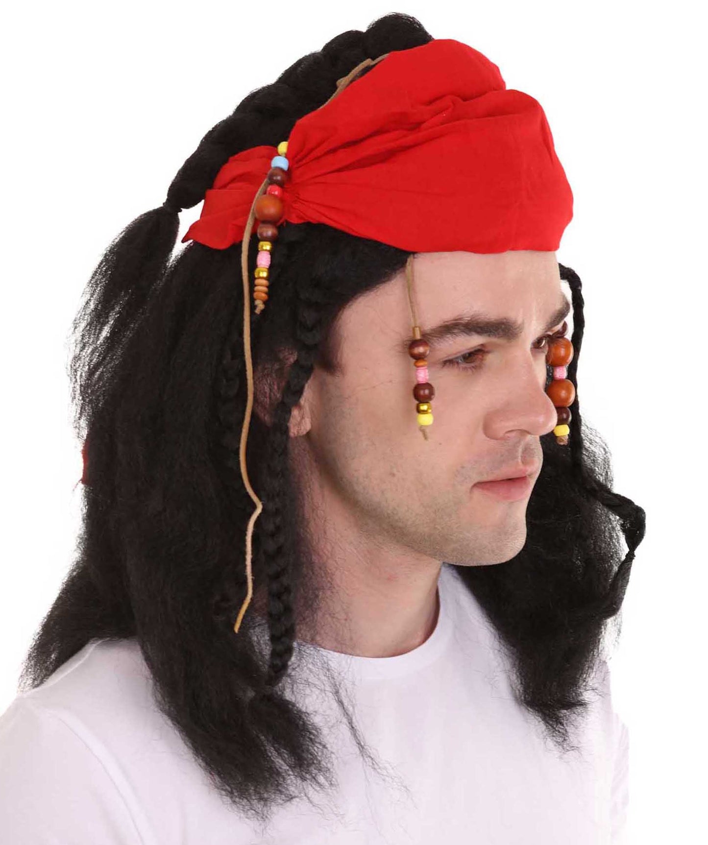 Caribbean Pirate Mens Wig | Black Wig With Red Cap | Premium Breathable Capless Cap