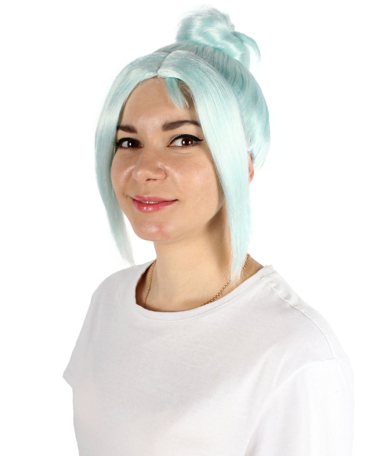 Women’s White Video-Game Wig With Bangs And Buns | Best for Halloween | Flame-retardant Synthetic Fiber