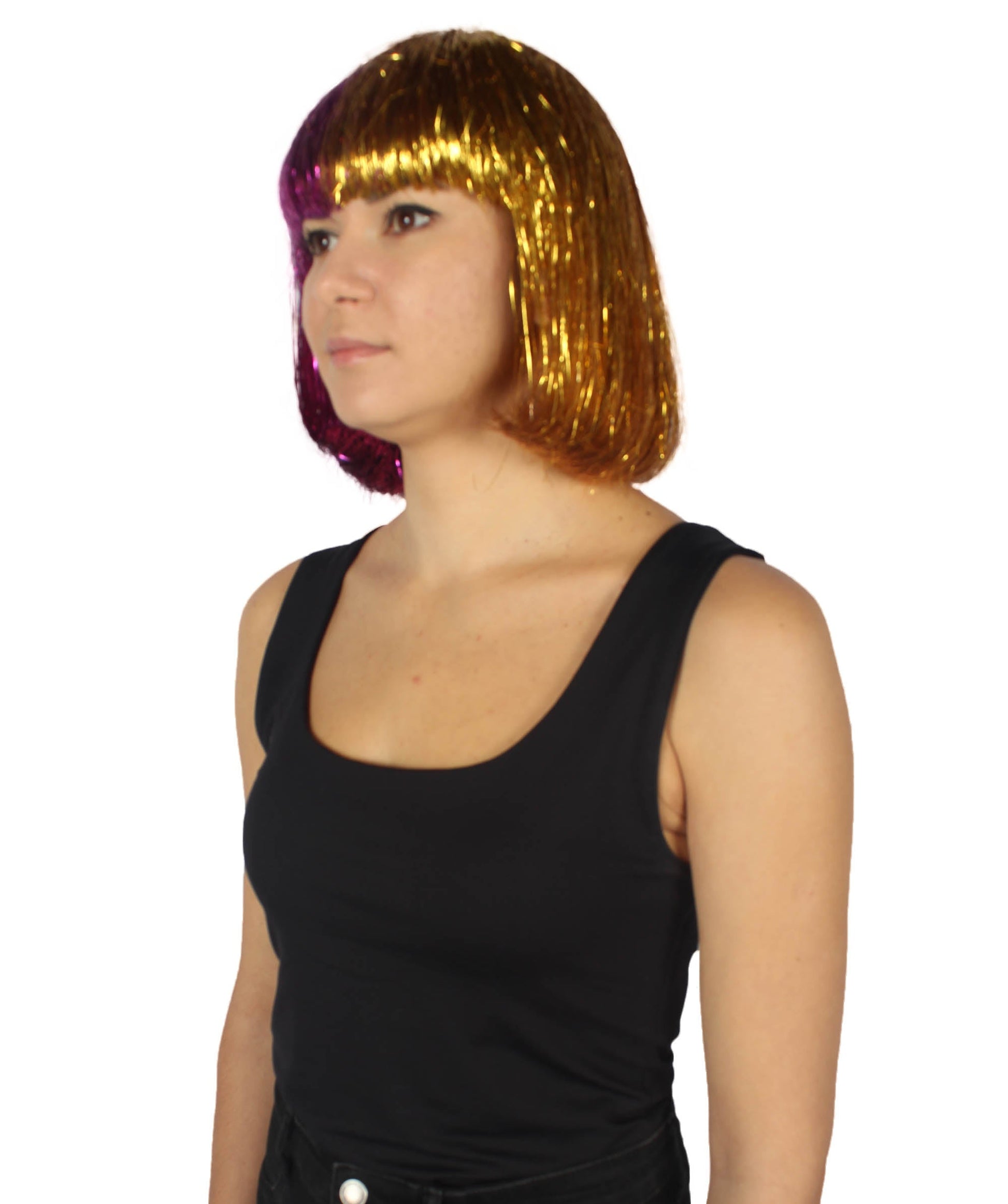 Gold and Purple Bob Tinsel Wig