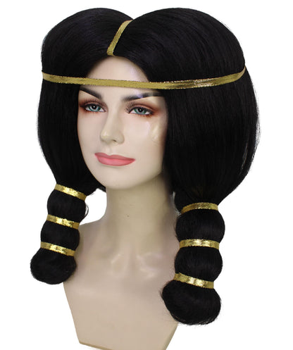 Women's Ancient Egyptian Straight Black Wig with Golden Ornaments, Best for Halloween, Flame-retardant Synthetic Materials