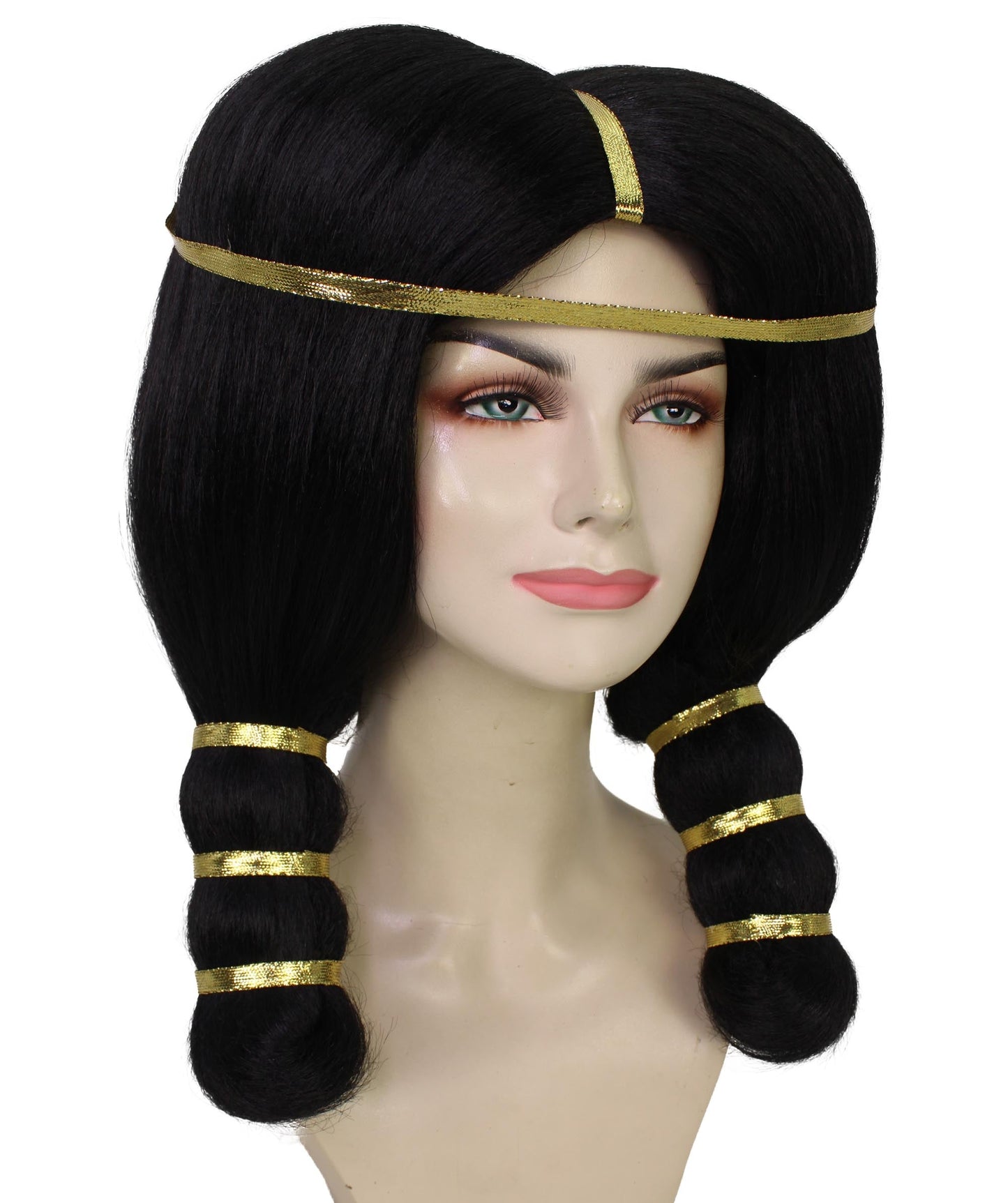 Women's Ancient Egyptian Straight Black Wig with Golden Ornaments, Best for Halloween, Flame-retardant Synthetic Materials