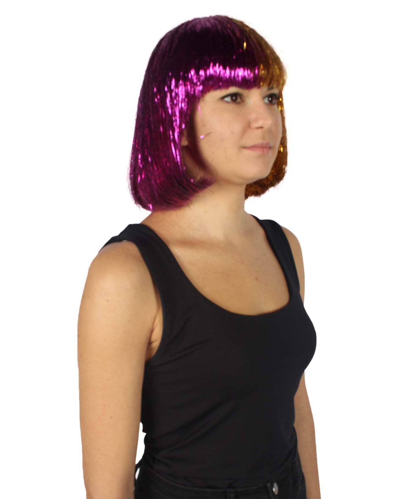 Gold and Purple Bob Tinsel Wig