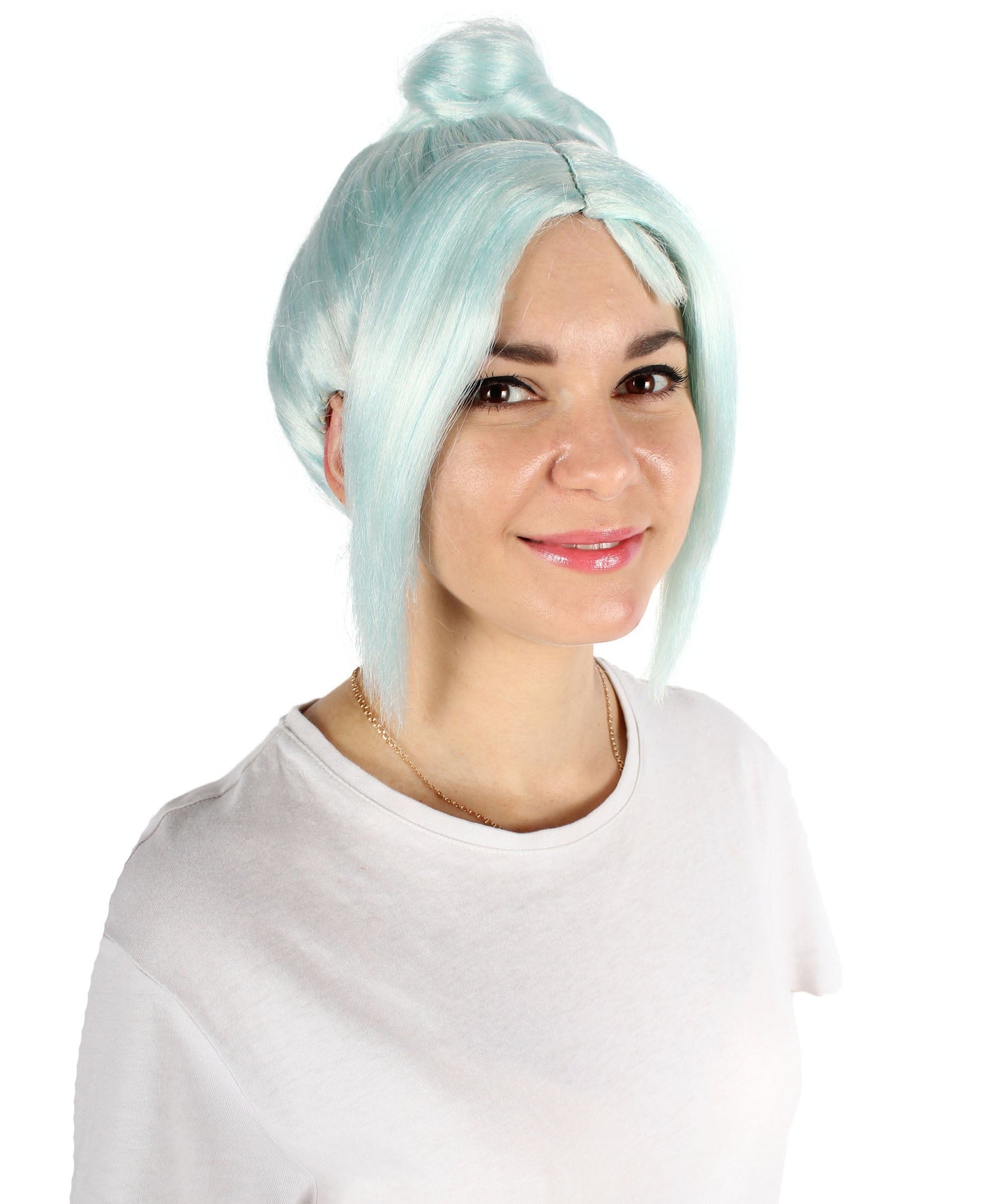 Women’s White Video-Game Wig With Bangs And Buns | Best for Halloween | Flame-retardant Synthetic Fiber