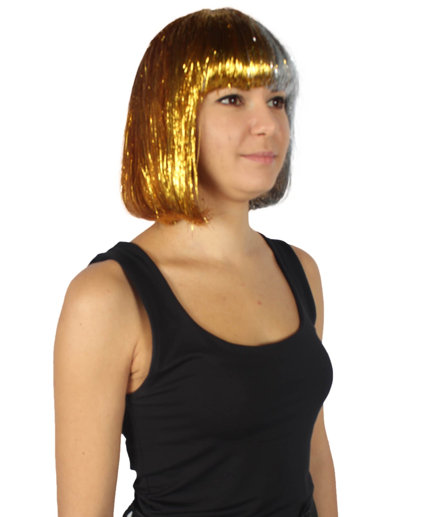 Gold and Purple Bob Tinsel Wig