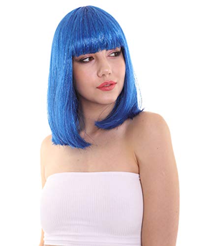 Bright Blue Bob with Blue Tinsel | Sparkly Celebrity Halloween Wig | Premium Capless Cap