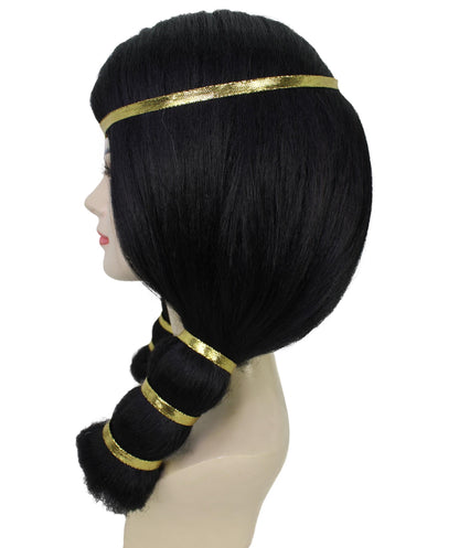 Women's Ancient Egyptian Straight Black Wig with Golden Ornaments, Best for Halloween, Flame-retardant Synthetic Materials