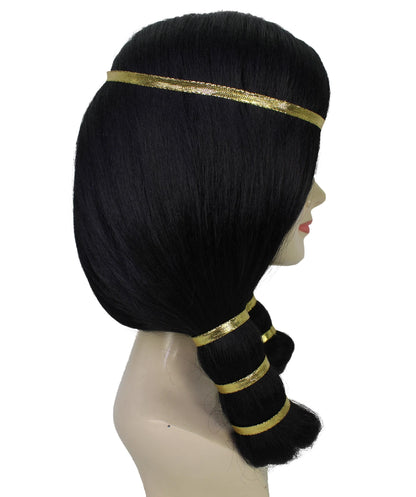 Women's Ancient Egyptian Straight Black Wig with Golden Ornaments, Best for Halloween, Flame-retardant Synthetic Materials