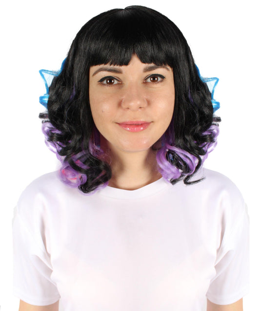 HPO Women's Medium Curly Black and Multicolor Fancy Wig with Bangs, Best for Halloween, Flame-retardant Synthetic Fiber