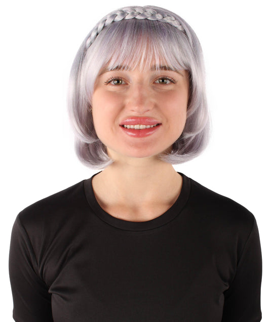 Women's Light Purple Bob-style Anime Wig with Bangs and Braids, Best for Halloween, Flame-retardant Synthetic Fiber