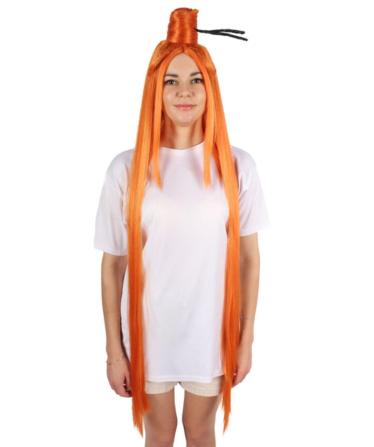 HPO Women’s Rap Queen Long Orange Wig, Perfect for Halloween, Flame-retardant Synthetic Fiber