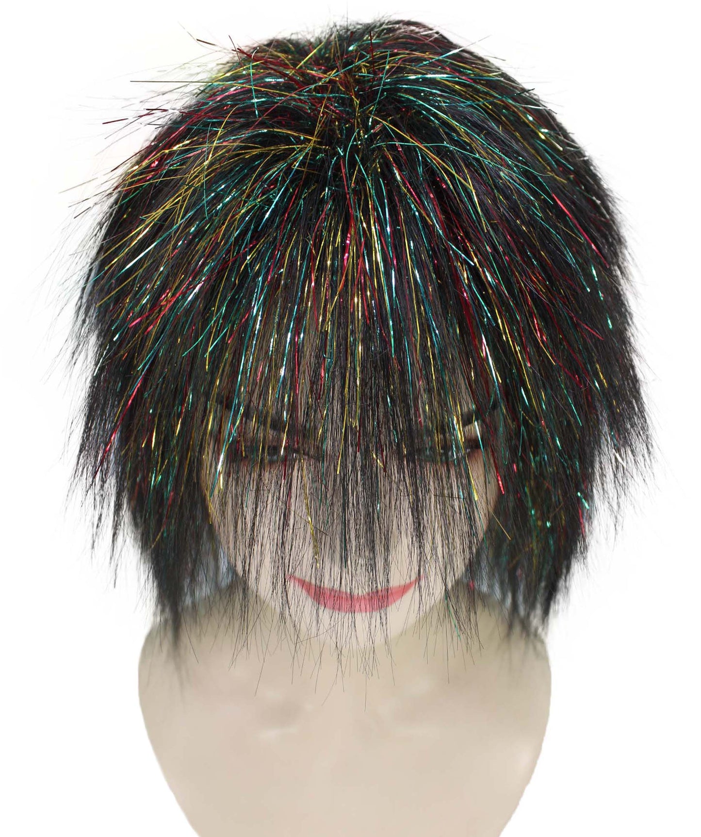 Womens Black Rave 80's Mullet with Gold Iridescent Tinsel Highlights | Halloween Rave Wig | Premium Breathable Capless Cap