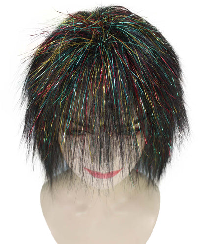 Womens Black Rave 80's Mullet with Gold Iridescent Tinsel Highlights | Halloween Rave Wig | Premium Breathable Capless Cap