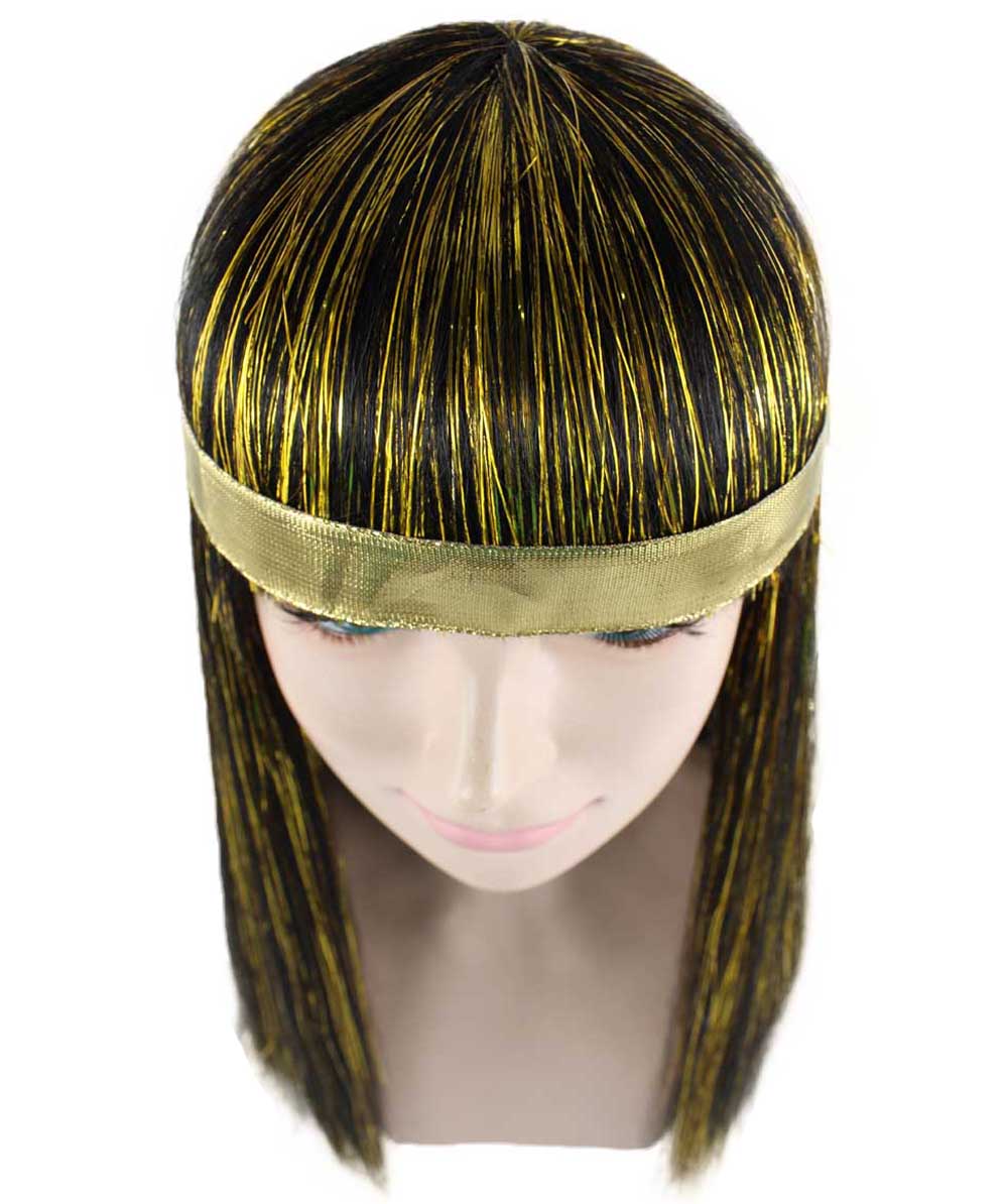 Women's Deluxe Egyptian Queen Wig , Gold Tinsel Character Fancy Halloween Wig , Premium Breathable Capless Cap