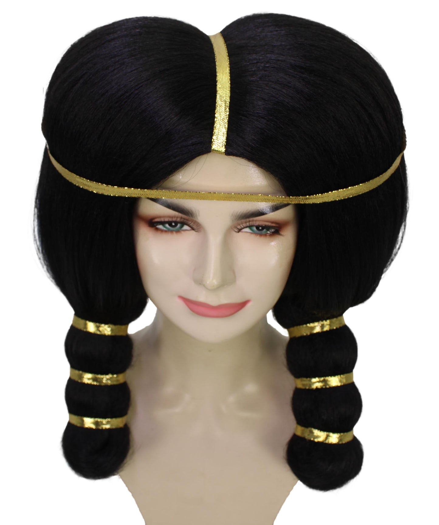 Women's Ancient Egyptian Straight Black Wig with Golden Ornaments, Best for Halloween, Flame-retardant Synthetic Materials