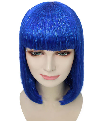 Bright Blue Bob with Blue Tinsel | Sparkly Celebrity Halloween Wig | Premium Capless Cap