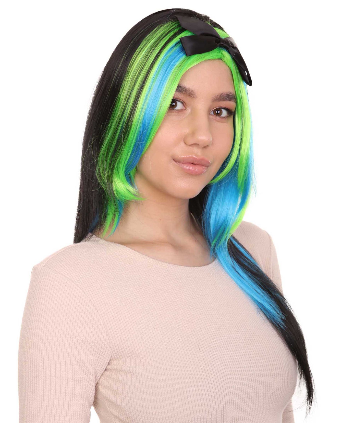 Bewitching Blue Mixed Women's Wig | Farm Girl Black Blue Green Cosplay Halloween Wigs | Premium Breathable Capless Cap