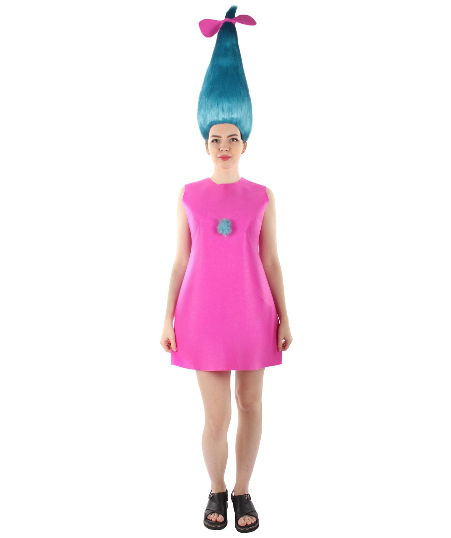 Women's Long Length Halloween Animated Blue Pop Troll Pink Bow Wig with Costume