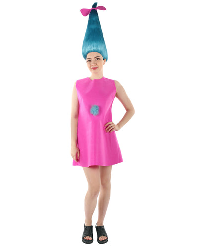 Women's Long Length Halloween Animated Blue Pop Troll Pink Bow Wig with Costume