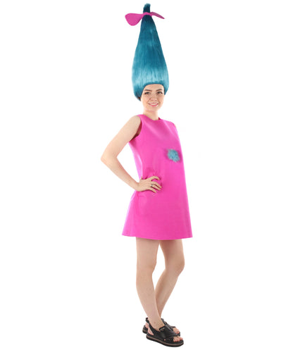 Women's Long Length Halloween Animated Blue Pop Troll Pink Bow Wig with Costume