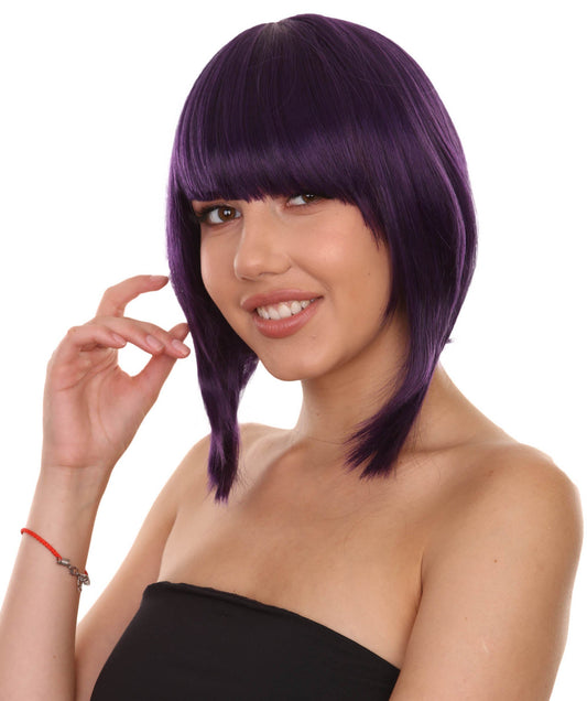 CW Women's Short 14' Unbalanced Bangs Purple Hero Rocker Girl Synthetic Anime Wig - Capless Cap Heat Resistant Fibers - Unconventional Bob Style