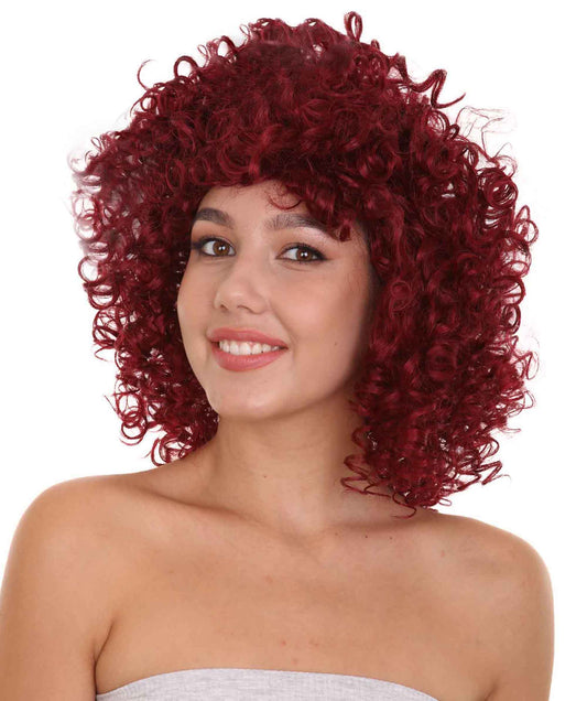 Dancehall Womens Wig , Burgundy Curly Character Fancy  Halloween Wig , Premium Breathable Capless Cap