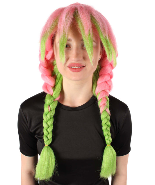 Women's Anime Cosplay Demon Hunter Rainbow Pink Braids and Bangs Wig