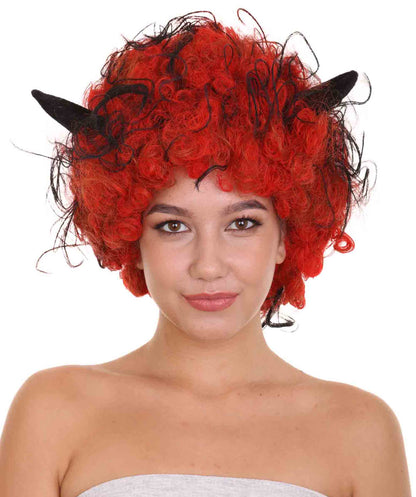 Women's Devil Wig with Horns | Jumbo Super Size Afro Almost Red Halloween Wigs | Premium Breathable Capless Cap