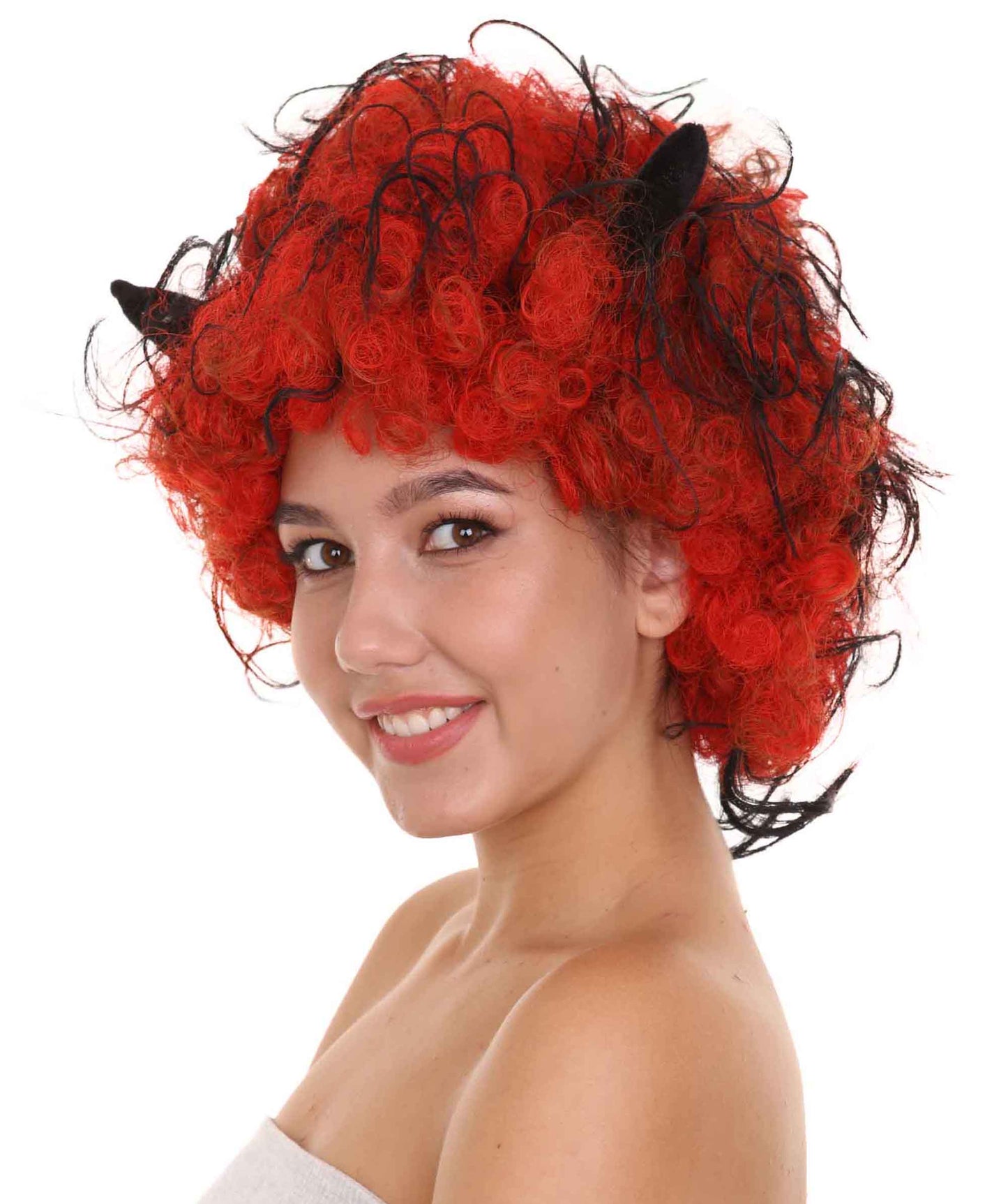 Women's Devil Wig with Horns | Jumbo Super Size Afro Almost Red Halloween Wigs | Premium Breathable Capless Cap