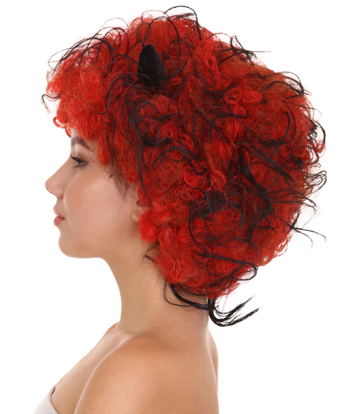 Women's Devil Wig with Horns | Jumbo Super Size Afro Almost Red Halloween Wigs | Premium Breathable Capless Cap