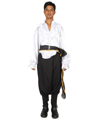 Men's Satin Ruffle Pirate 3Pc Costume | White & Black Halloween Costume