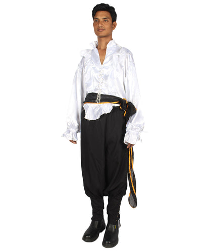 Men's Satin Ruffle Pirate 3Pc Costume | White & Black Halloween Costume