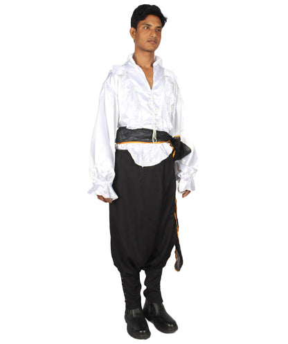 Men's Satin Ruffle Pirate 3Pc Costume | White & Black Halloween Costume