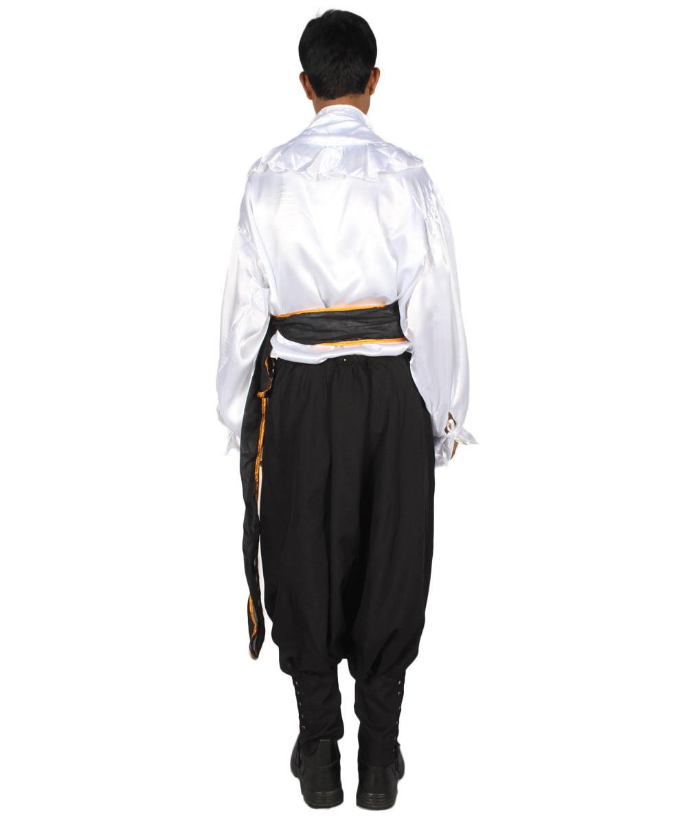 Men's Satin Ruffle Pirate 3Pc Costume | White & Black Halloween Costume