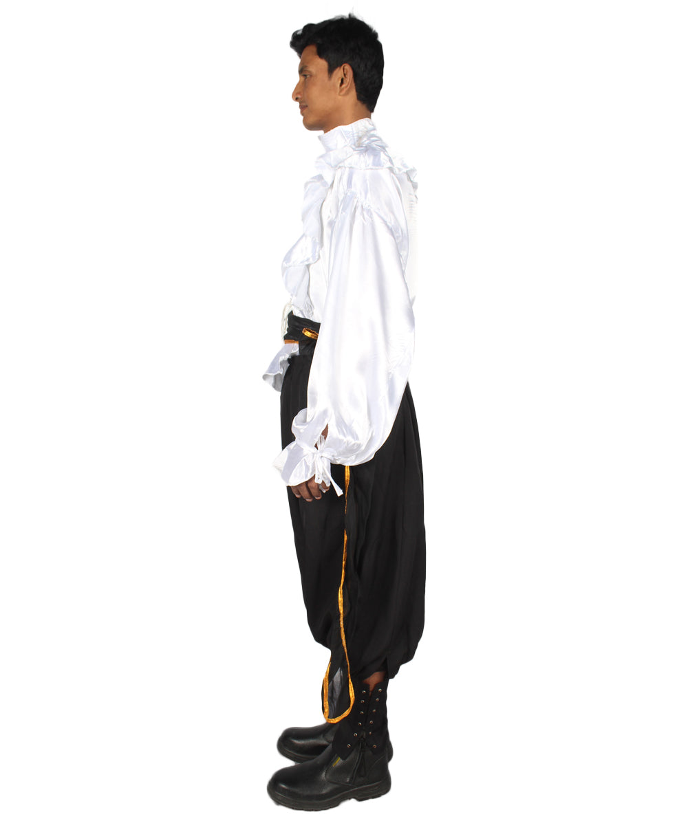 Men's Satin Ruffle Pirate 3Pc Costume | White & Black Halloween Costume