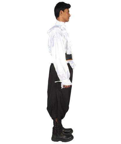 Men's Satin Ruffle Pirate 3Pc Costume | White & Black Halloween Costume