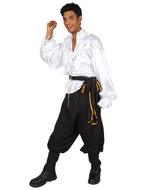 Men's Satin Ruffle Pirate 3Pc Costume | White & Black Halloween Costume