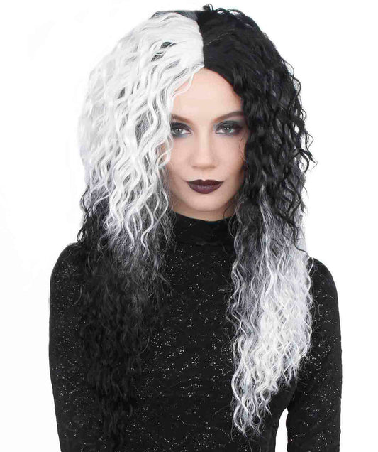 Women's Black and White Color Two Tone Curly Long Length Trendy Gothic Queen Wig